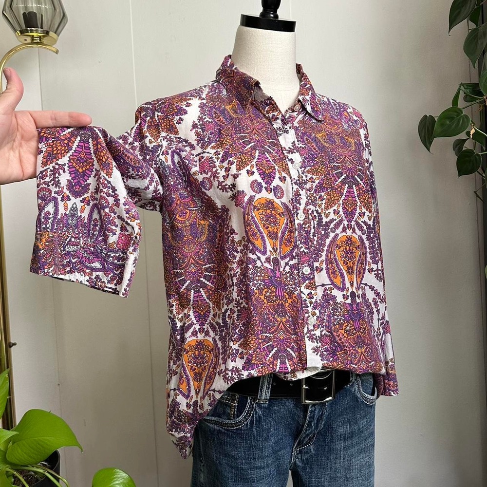 JCP Women XL Silk Blend Paisley Button Up Shirt Purple Orange Retro Boho 60s